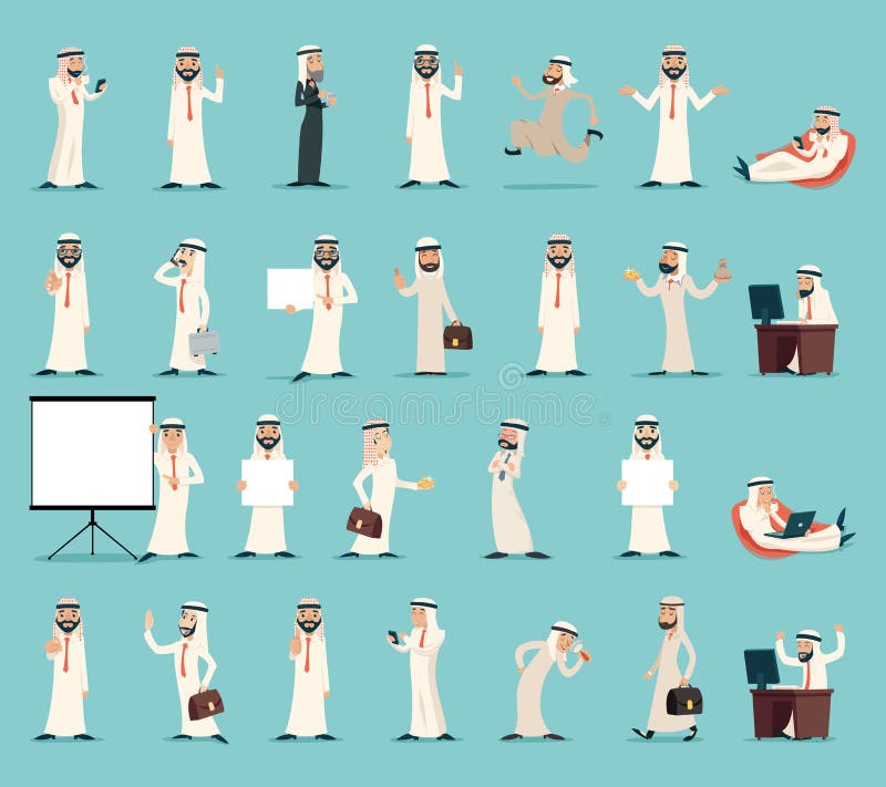 Illustration de vecteur de conception de bande dessinée de vintage de Character Icons Set d'homme d'affaires arabe rétro illustration libre de droits Illustration de vecteur de conception de bande dessinée de vintage de Character Icons Set d'homme d'affaires arabe rétro illustration libre de droits