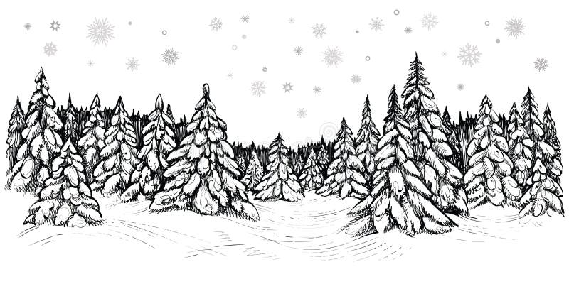 Illustration de vecteur des sapins neigeux Forêt d'hiver couverte de neige, croquis tiré par la main illustration de vecteur Illustration de vecteur des sapins neigeux Forêt d'hiver couverte de neige, croquis tiré par la main illustration de vecteur