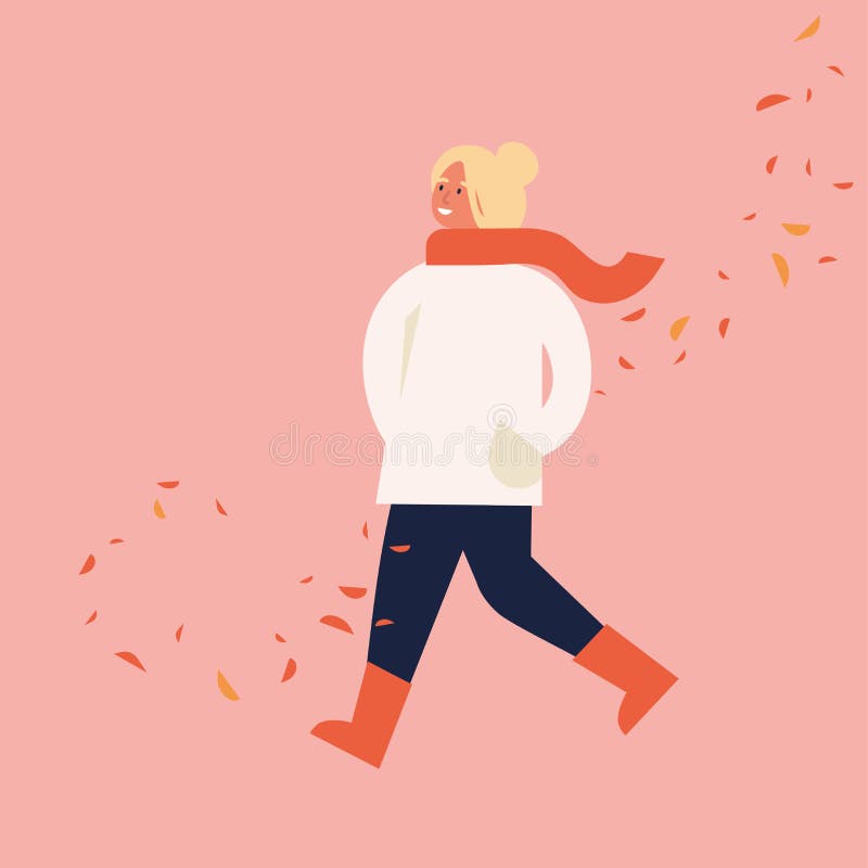 Illustration de vecteur de femme heureuse dans des vêtements de saison d'automne Marche de jeune fille entourée par les feuilles illustration libre de droits Illustration de vecteur de femme heureuse dans des vêtements de saison d'automne Marche de jeune fille entourée par les feuilles illustration libre de droits