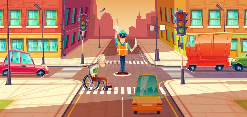 Vector illustration of crossing guard adjusting transport moving, city crossroads with pedestrian, disabled person. Urban highway regulation, crosswalk with traffic lights, machines. Vector illustration of crossing guard adjusting transport moving, city crossroads with pedestrian, disabled person. Urban highway regulation, crosswalk with traffic lights, machines