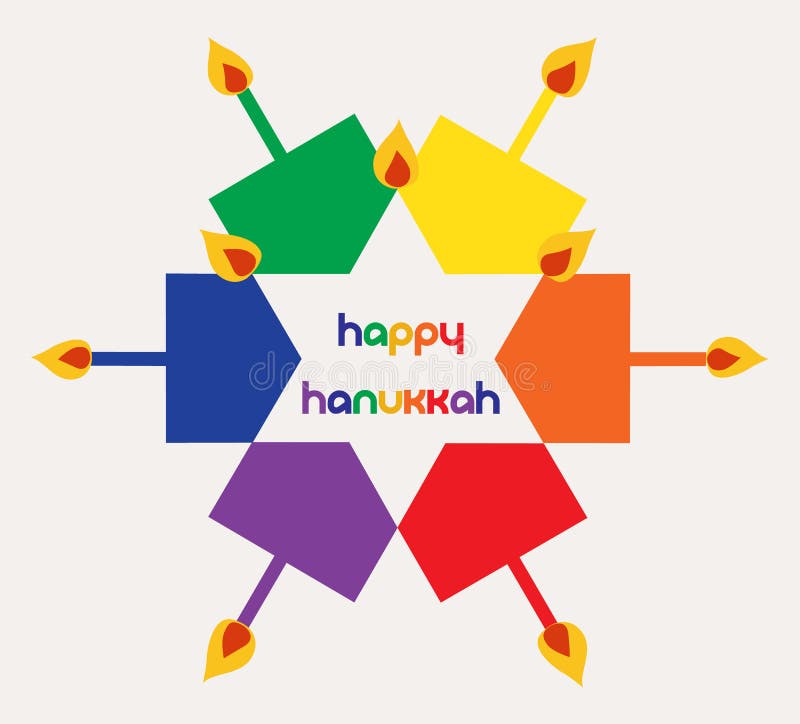 Vector - Colorful Happy hanukkah Jewish holiday greeting card with dreidels spinning tops and candles. Vector - Colorful Happy hanukkah Jewish holiday greeting card with dreidels spinning tops and candles