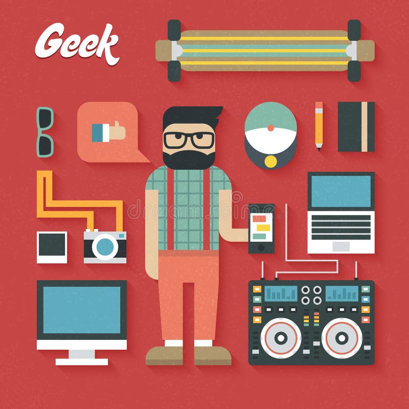 Vector illustration: Flat Icons Set of Trendy Geek Items on red background. Vector illustration: Flat Icons Set of Trendy Geek Items on red background