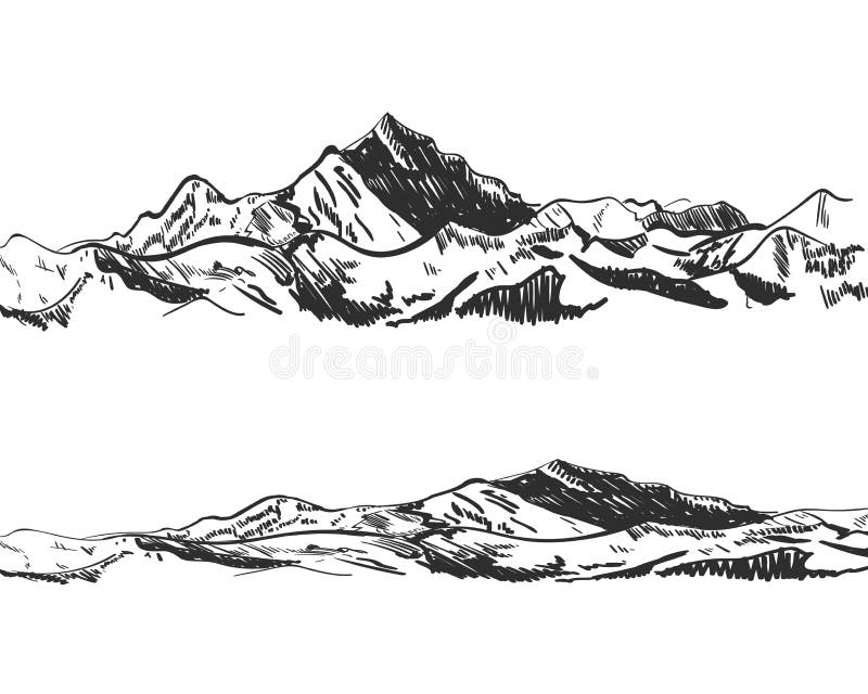 Dessin Au Crayon Paysage De Montagne. Dessin Esquisse Montagnes Et Sapins  Vector Illustration. Paysage Croquis Montagne, Arbre Et Pic Colline