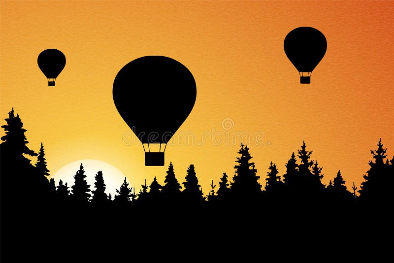 Illustration de vecteur de paysage avec la forêt, les ballons à air chauds volants et le ciel orange avec le Soleil Levant illustration libre de droits Illustration de vecteur de paysage avec la forêt, les ballons à air chauds volants et le ciel orange avec le Soleil Levant illustration libre de droits