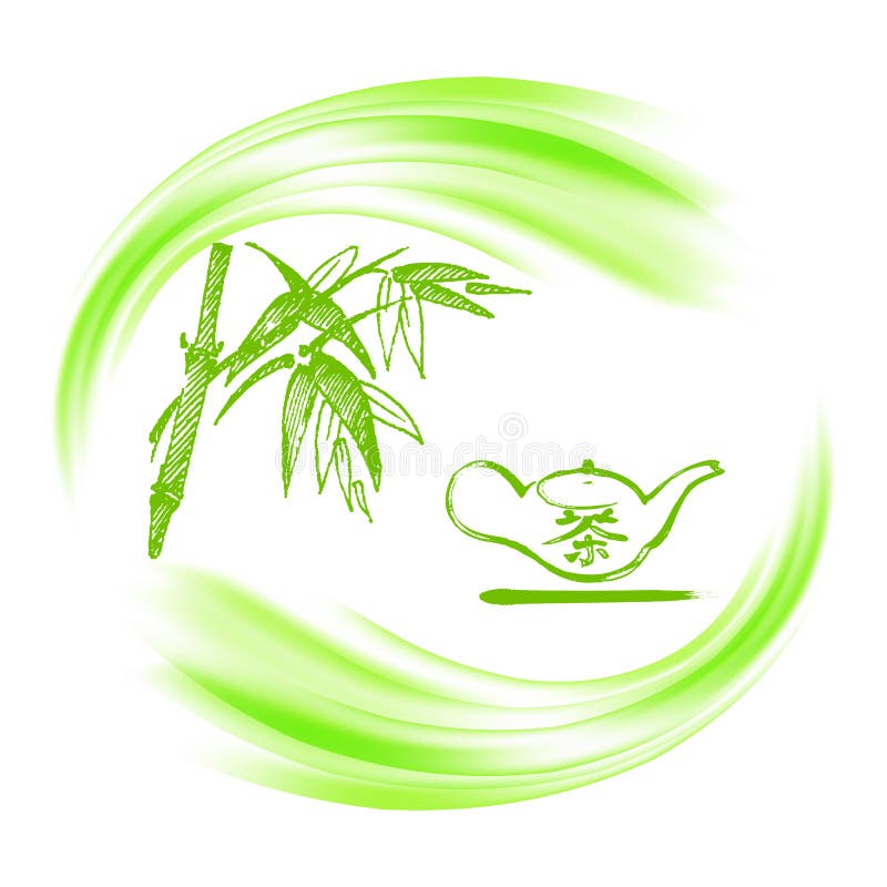 Illustration de vecteur Une branche de la bouilloire en bambou et orientale avec le thé d'hiéroglyphes illustration libre de droits Illustration de vecteur Une branche de la bouilloire en bambou et orientale avec le thé d'hiéroglyphes illustration libre de droits
