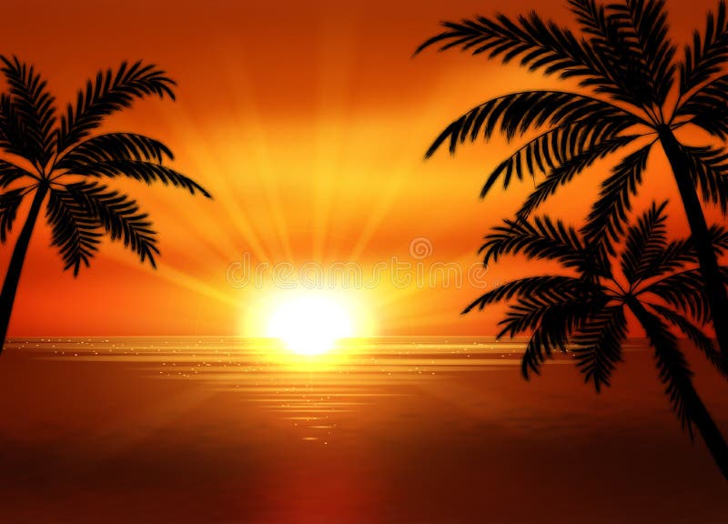 Dessin Coucher De Soleil Avec Palmier Illustration De Vue De Coucher Du Soleil En Plage Avec Le Palmier