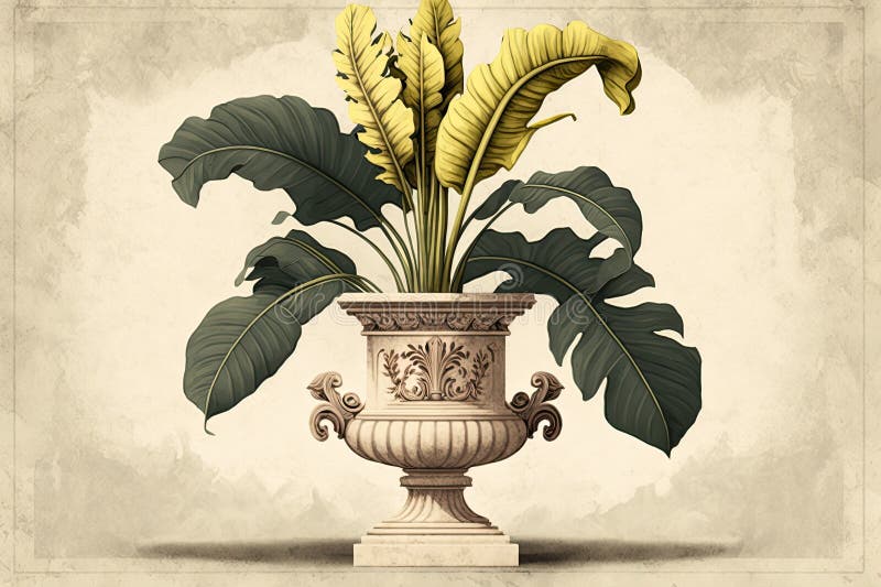 Illustration of a Decorative Banana Plant in a White Marble Vase Stock