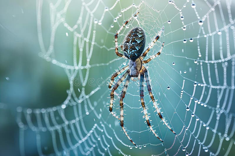 A delicate spider web is woven in the center of an open space, with dewdrops glistening on its threads against a blue and gre vector illustration