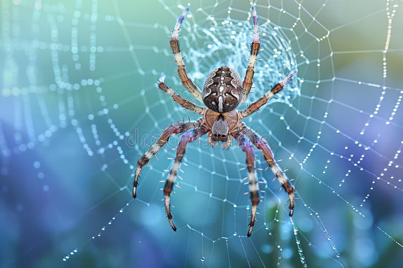 A delicate spider web is woven in the center of an open space, with dewdrops glistening on its threads against a blue and gre royalty free illustration
