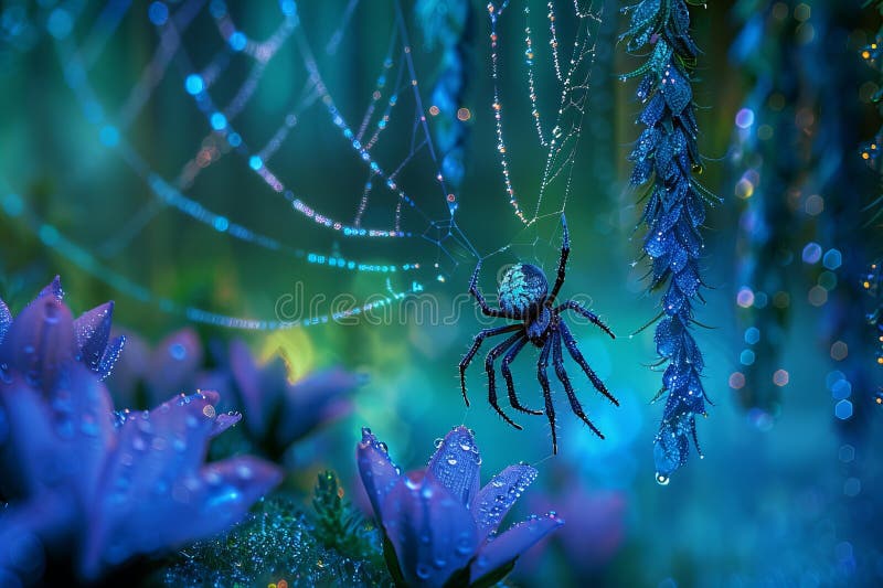 Illustration of delicate spider web is woven in the center of an open space, with dewdrops glistening on its threads against stock illustration