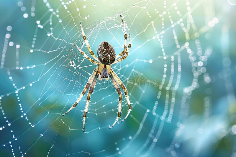 Illustration of delicate spider web is woven in the center of an open space, with dewdrops glistening on its threads against vector illustration