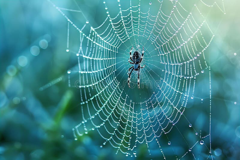 A delicate spider web is woven in the center of an open space, with dewdrops glistening on its threads against a blue and gre vector illustration