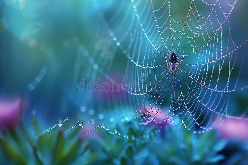 A delicate spider web is woven in the center of an open space, with dewdrops glistening on its threads against a blue and gre stock illustration