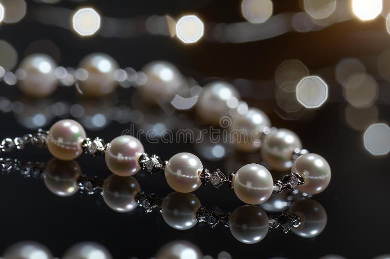 Depicting a closeup of the delicate pearl necklace, with each bead reflecting light and creating an elegant pattern on its s stock illustration