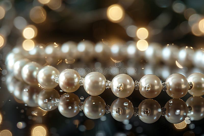 Depicting a closeup of the delicate pearl necklace, with each bead reflecting light and creating an elegant pattern on its s vector illustration
