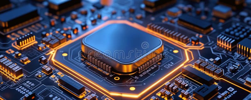 Illustration depicting cutting-edge computing. A motherboard hosts a central processing unit CPU with illuminated glowing circuit royalty free illustration