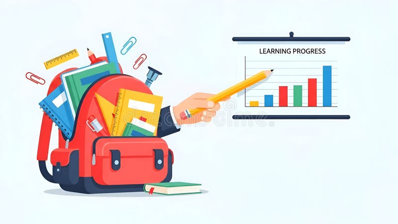 Learning Progress School Backpack, Education Chart, Pencil stock illustration