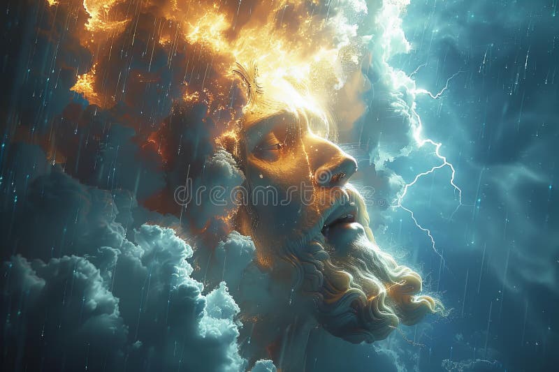 Depicting a radiant and shining jesus in the clouds with thunder lighting up, background image, blue sky, stormy dark clouds vector illustration