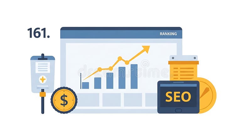 SEO Ranking Growth Website Optimization, Marketing Strategy, ROI stock illustration