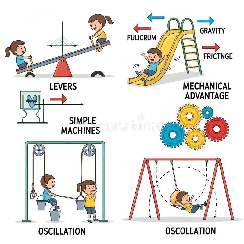 Principles like fulcrum, gravity, and oscillation, providing a clear educatio royalty free illustration