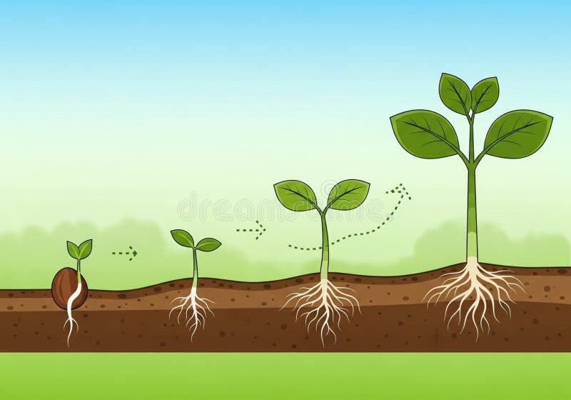 Illustration depicting the stages of plant growth from seed royalty free illustration
