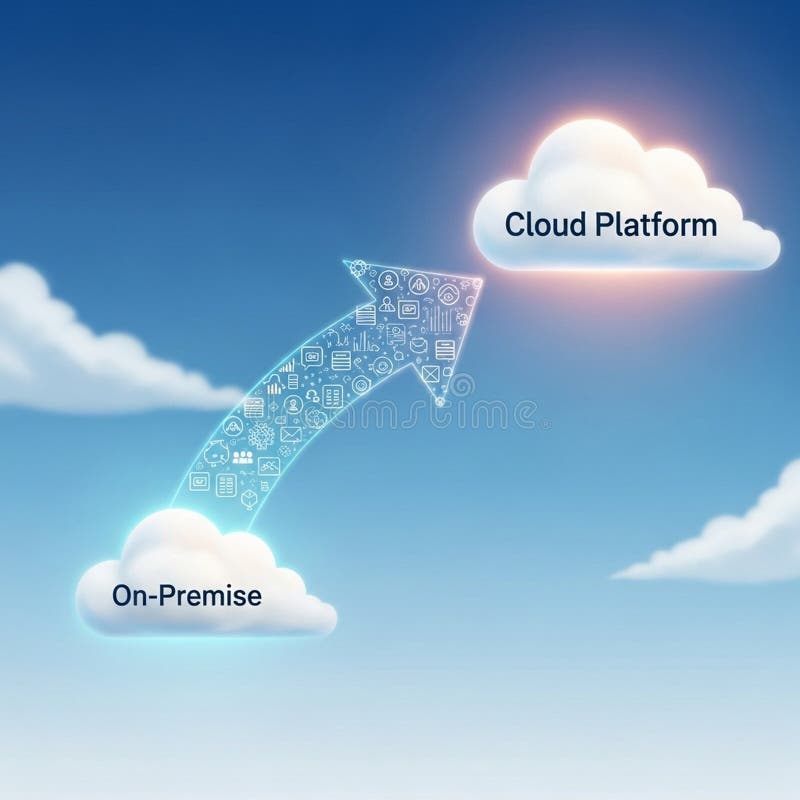 Illustration depicting a transition from \'On-Premise\' to \'Cloud Platform. \' Two clouds royalty free illustration