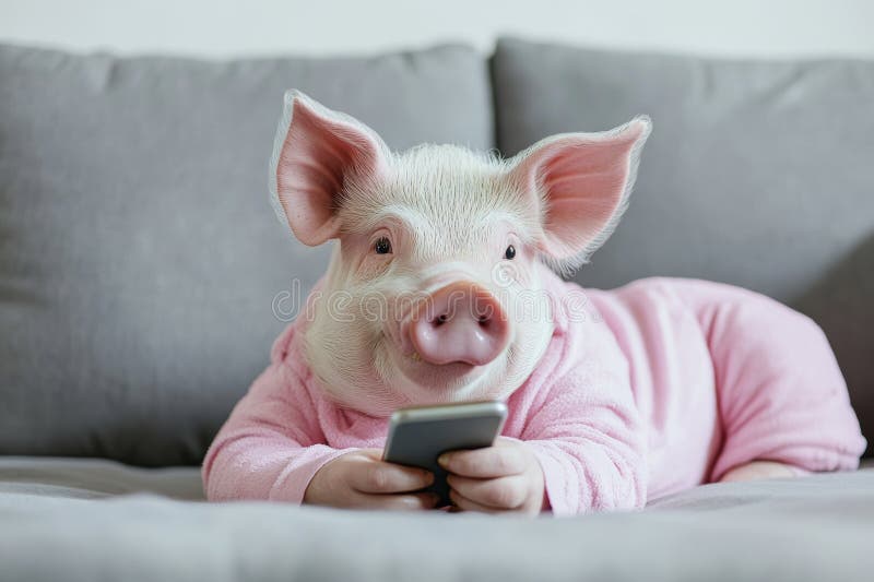 The illustration depicts a pig lying on a couch with a smartphone in her pyjamas royalty free stock photo