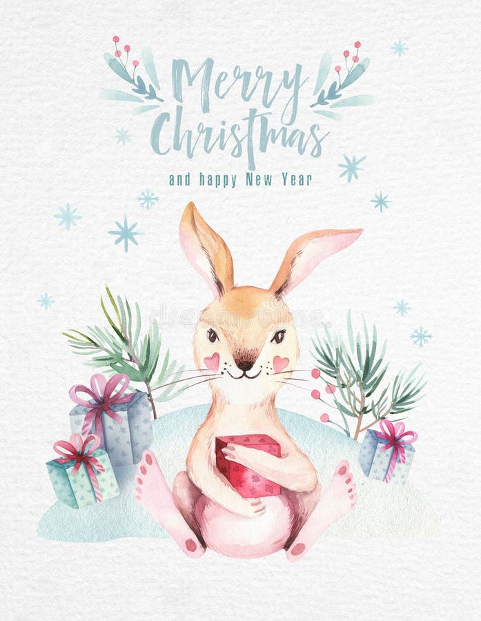 Illustration Der Aquarell Frohen Weihnachten Mit Schneemann Nette Tiere Rotwild Kaninchen Des Feiertags Weihnachtsfeierkarten Stock Abbildung Illustration Von Frohen Rotwild