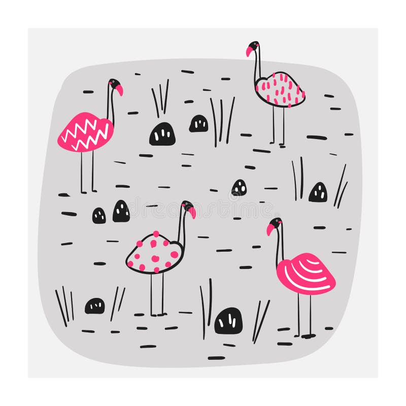 Illustration der Gruppe rosa Flamingos im See Karte, Postkarte, Druck, Plakat, Hintergrund mit lustigen Gekritzelvögeln lizenzfreie abbildung Illustration der Gruppe rosa Flamingos im See Karte, Postkarte, Druck, Plakat, Hintergrund mit lustigen Gekritzelvögeln lizenzfreie abbildung