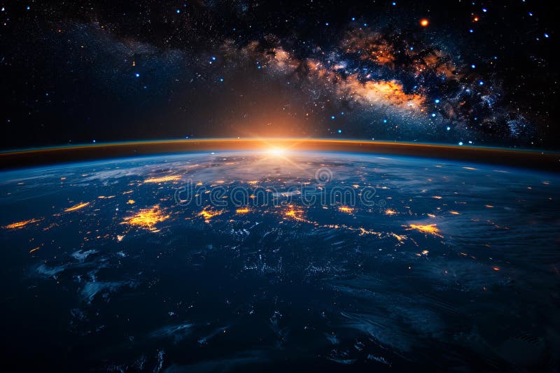 Illustration der Sicht auf die Erde aus dem Weltall mit einem dunklen Himmel und einem blauen Licht am Horizont Sterne im Hintergr stock abbildung