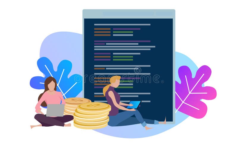 Illustration der weiblichen Frauenprogrammiererkodierung auf einem Computer Erhalten Sie Geld von der Codeentwickleranwendung Sch lizenzfreie abbildung