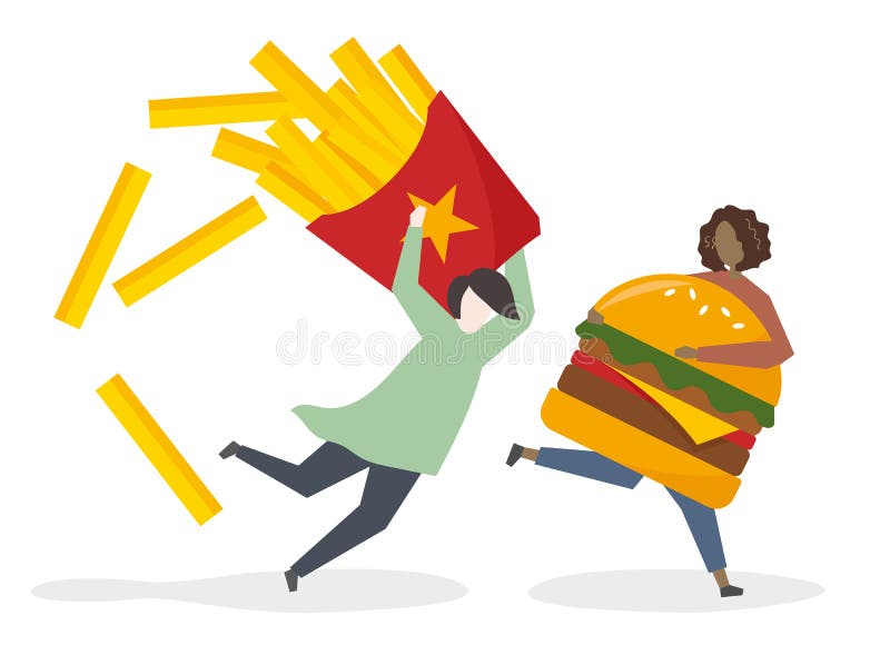 Illustration des amis avec les aliments de préparation rapide illustration libre de droits Illustration des amis avec les aliments de préparation rapide illustration libre de droits