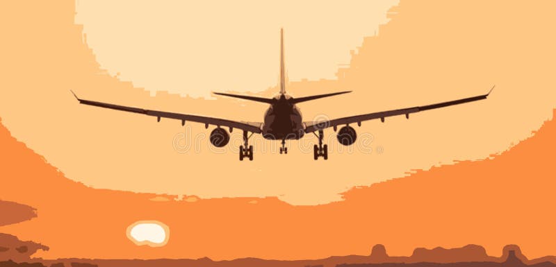 Illustration des Flugzeuges bei Sonnenuntergang stock abbildung Illustration des Flugzeuges bei Sonnenuntergang stock abbildung
