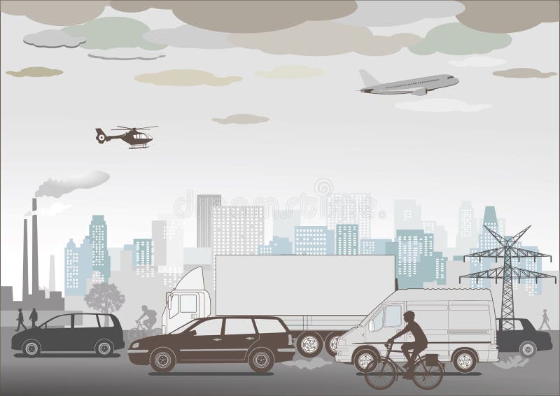 Illustration of traffic, smog and pollution. Illustration of traffic, smog and pollution.