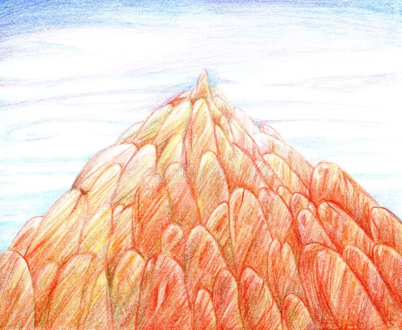 Illustration dessinée à la main avec les crayons colorés, une grande roche aiguë des pierres arrondies oranges contre un ciel ble illustration libre de droits Illustration dessinée à la main avec les crayons colorés, une grande roche aiguë des pierres arrondies oranges contre un ciel ble illustration libre de droits