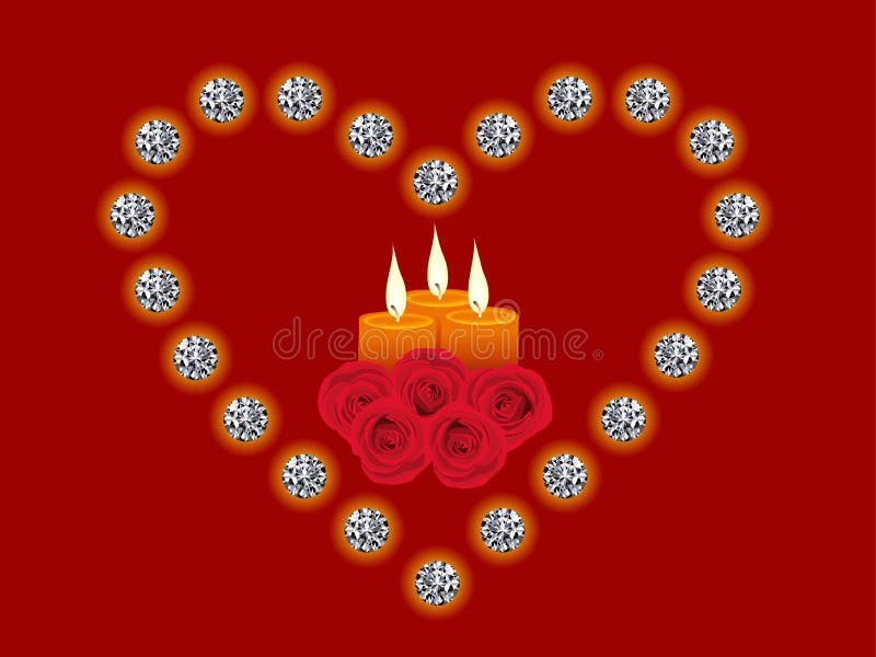 Illustration of diamond heart, candle, rose