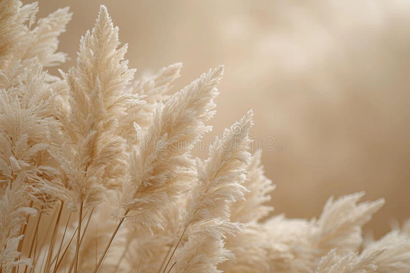Digital artwork of beige background with a closeup of pampas grass in a beige color with a minimalistic style, blurred image stock illustration