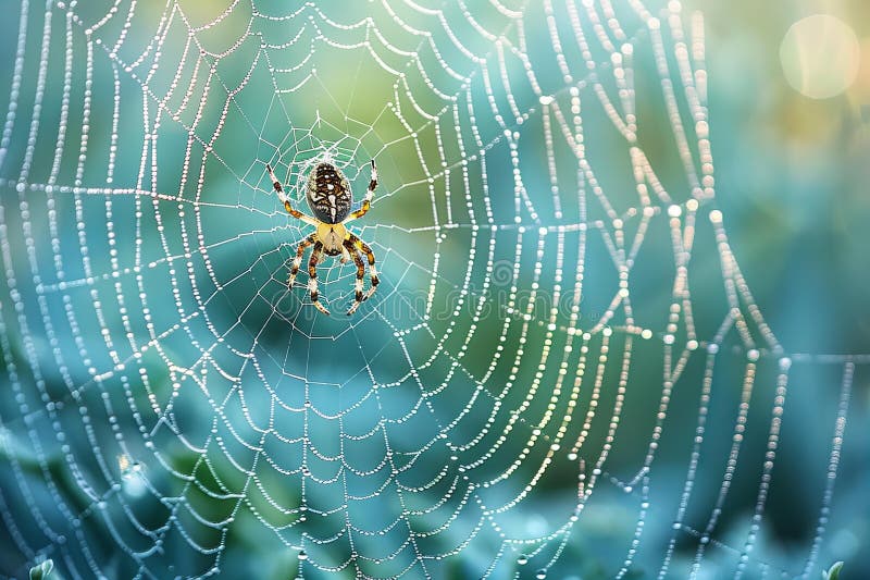 Digital artwork of delicate spider web is woven in the center of an open space, with dewdrops glistening on its threads agai stock illustration