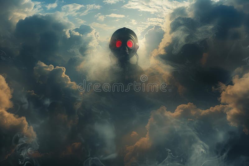 Digital artwork of gas mask floating in the sky with red eyes, surrounded royalty free illustration.