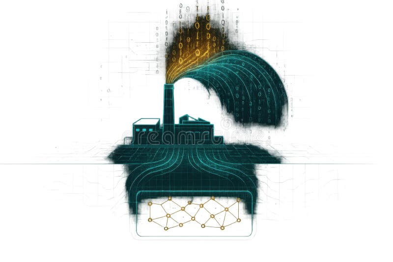 Illustration of a digital factory emitting binary data through a smokestack, symbolizing data processing, artificial intelligence royalty free illustration