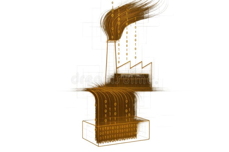 Illustration of a digital factory emitting binary data through a smokestack, symbolizing data processing, artificial intelligence vector illustration