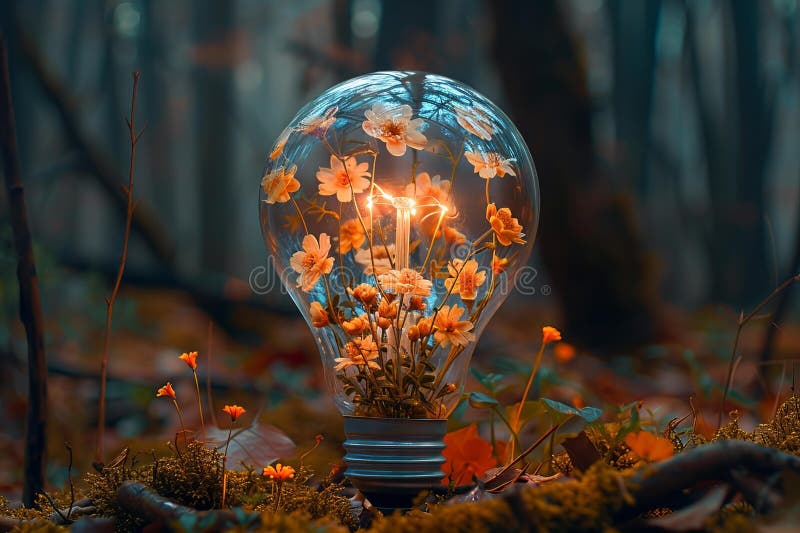 Digital image of lightbulb filled with small flowers in the woods vector illustration.