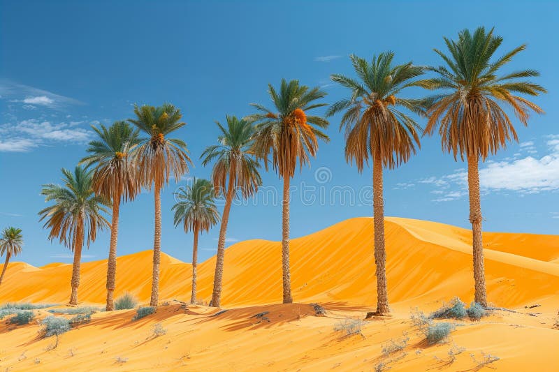 Digital image of sahara desert with sand dunes and palm trees vector illustration