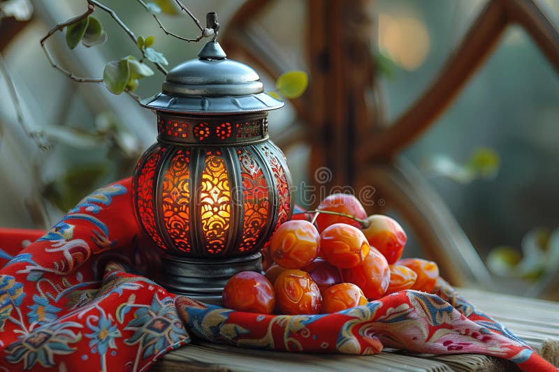 Digital image of small red lantern has dates, fruits and dates vector illustration.
