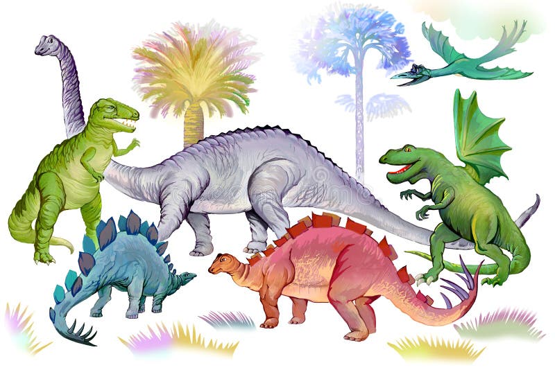 Illustration of dinosaurs in Jurassic period. World of prehistoric animals. Image of ancient imaginary extinct reptiles. stock illustration Illustration of dinosaurs in Jurassic period. World of prehistoric animals. Image of ancient imaginary extinct reptiles. stock illustration