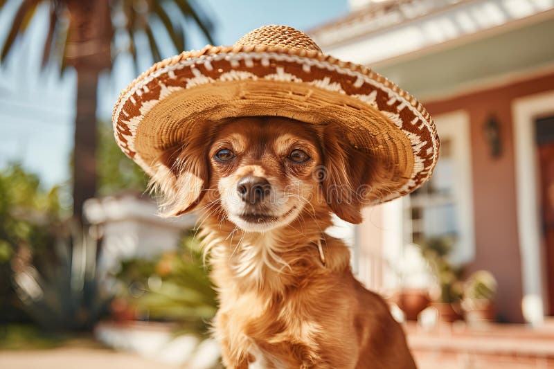 Illustration of dog wearing a sombrero in front of a house, high quality, high resolution royalty free illustration.