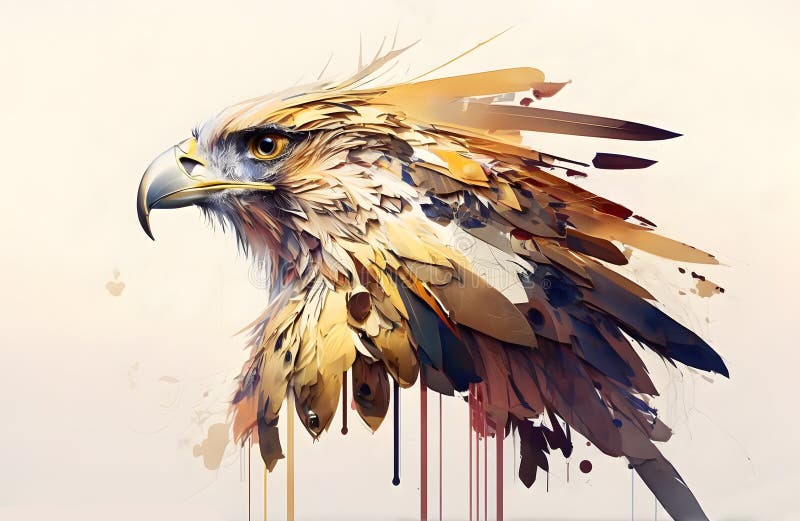 Illustration Drawing of an Eagle with Golden Feathers. Surreal Style in
