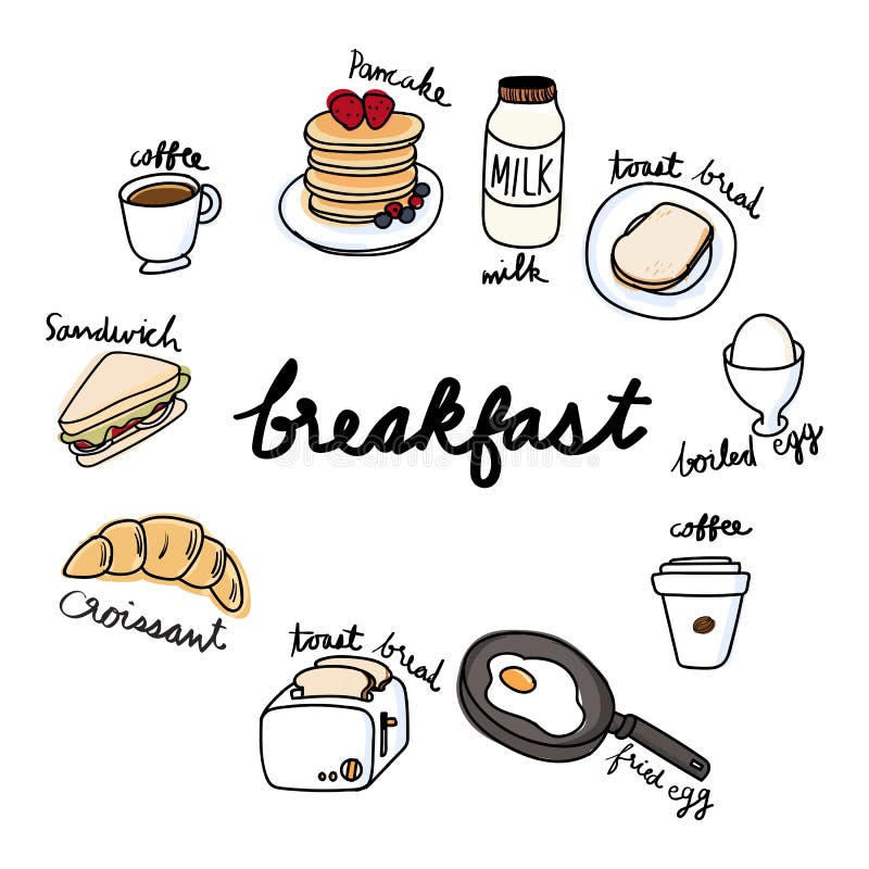 Illustration Drawing Style of Breakfast Food Collection Stock
