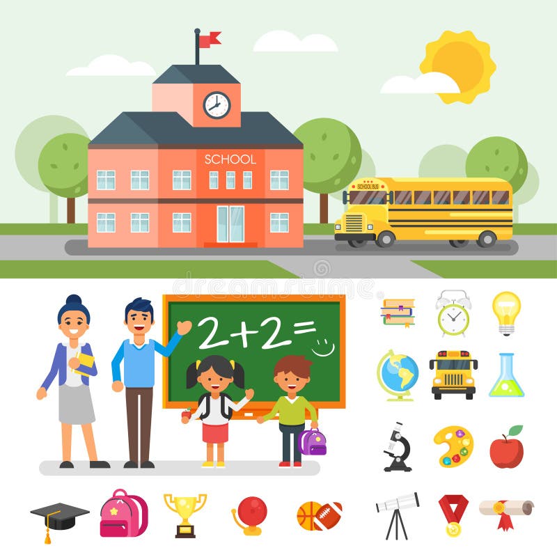 Illustration du bâtiment scolaire et de l'autobus jaune illustration libre de droits Illustration du bâtiment scolaire et de l'autobus jaune illustration libre de droits