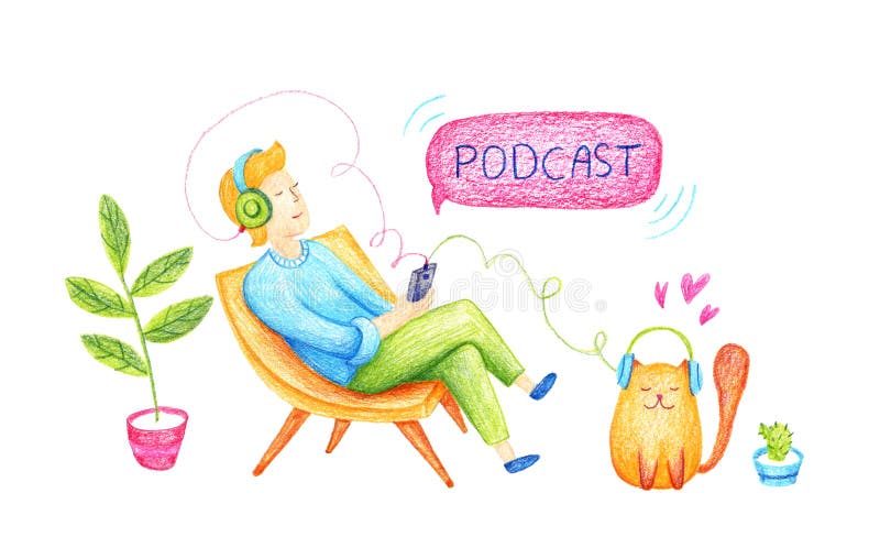 Podcast concept illustration. Webinar, tutorial podcast concept. Young man listening to podcasting sitting on chair. An unusual doodle illustration is made with colored pencils. Podcast concept illustration. Webinar, tutorial podcast concept. Young man listening to podcasting sitting on chair. An unusual doodle illustration is made with colored pencils.